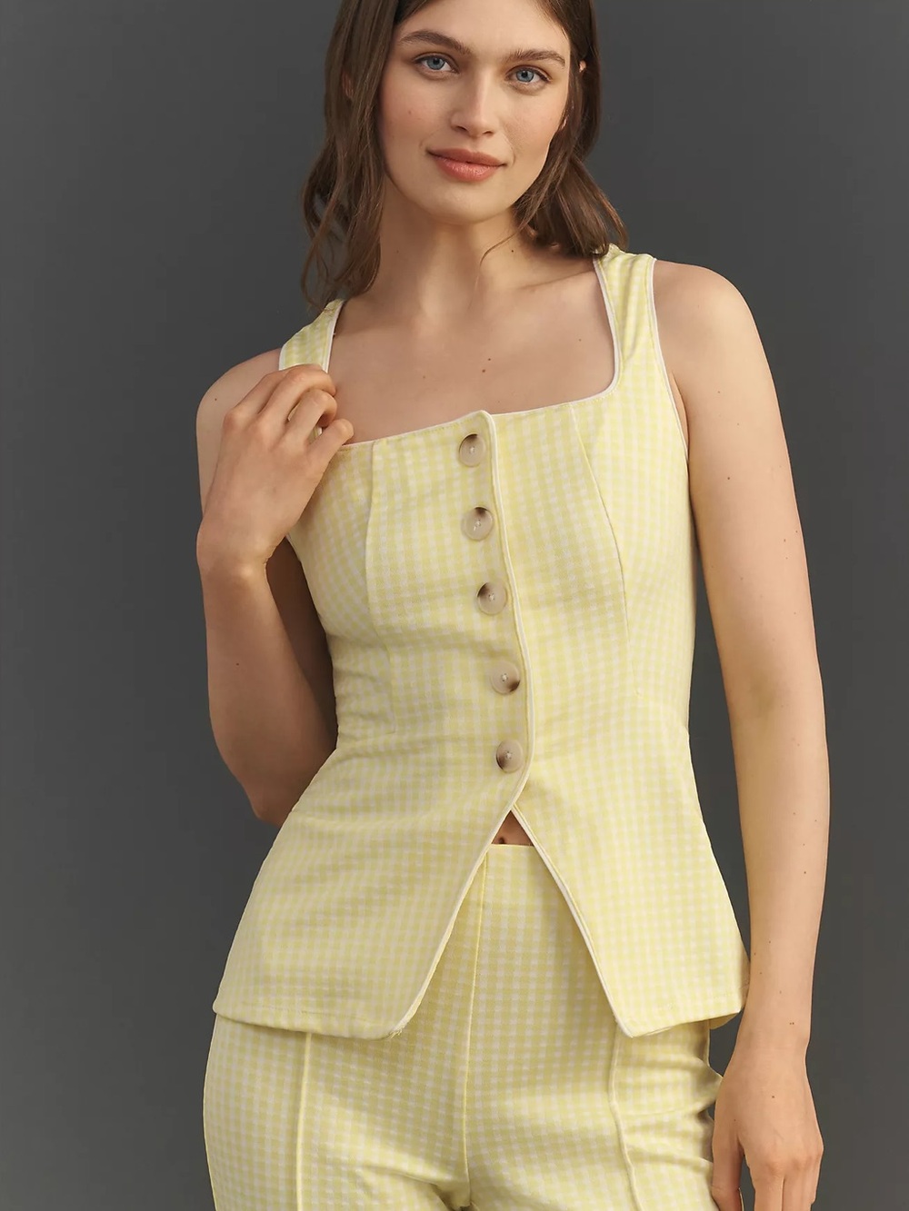 Maeve Yellow Gingham Button-Front Vest. medium NWT. $88 Structured Longline Vest